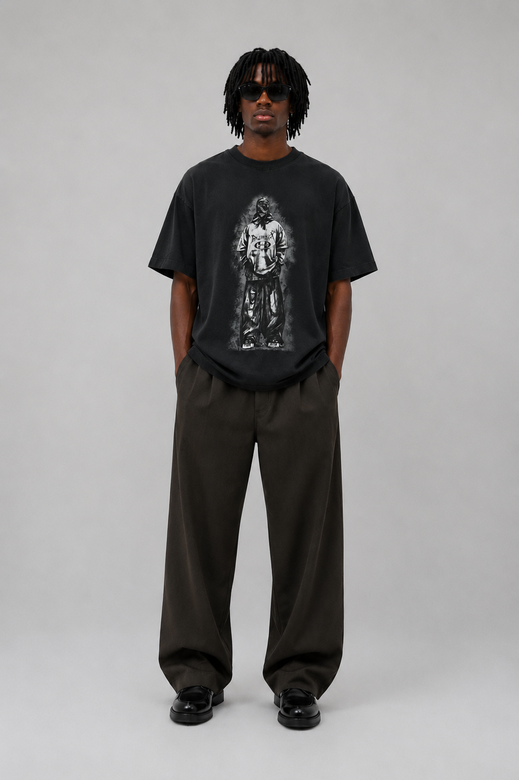 Vintage Print Drop Shoulder Black